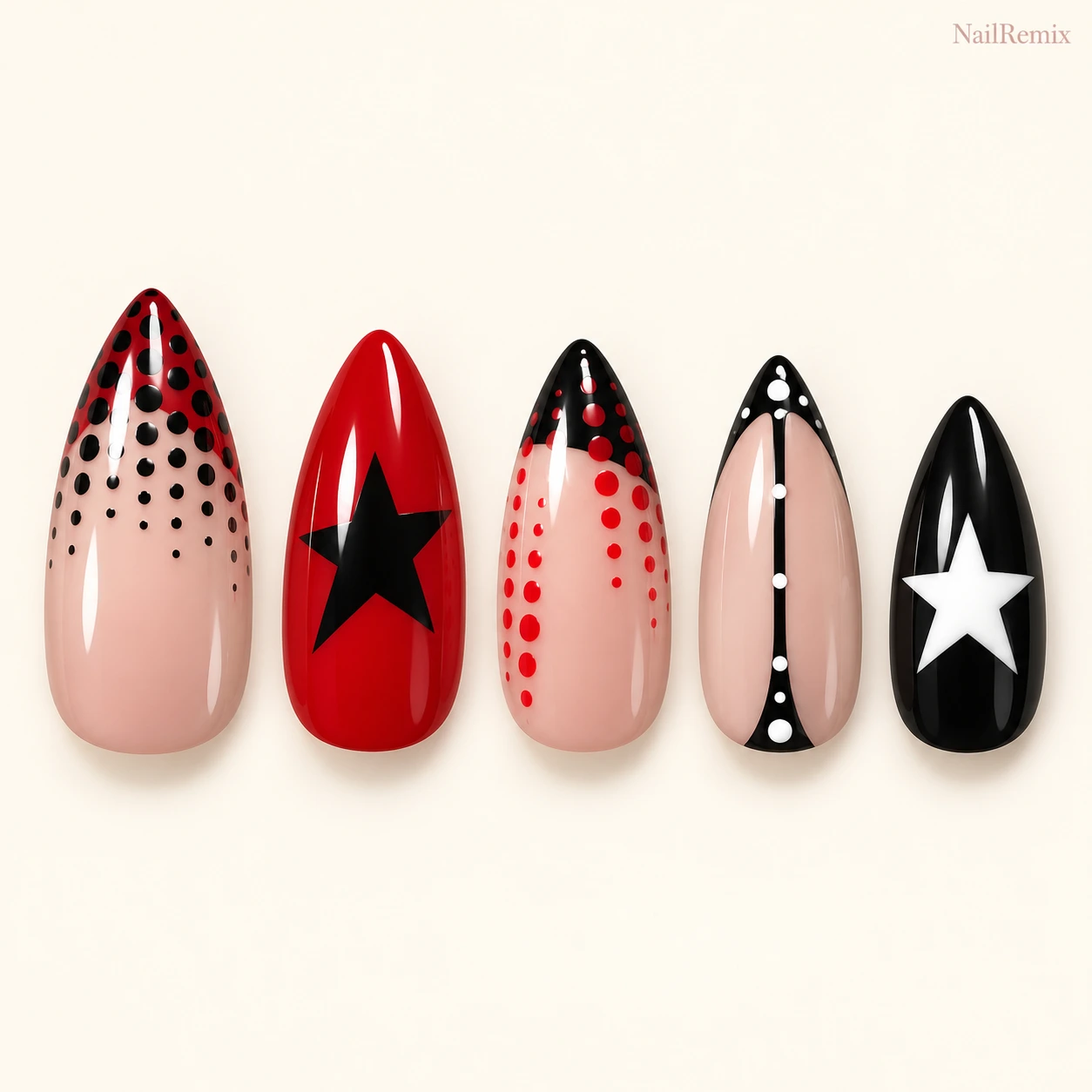 Nude · Red · Black & white nail art