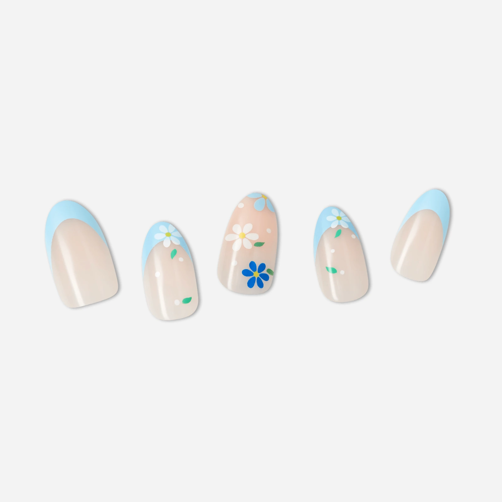 Nude · Blue · White nail art