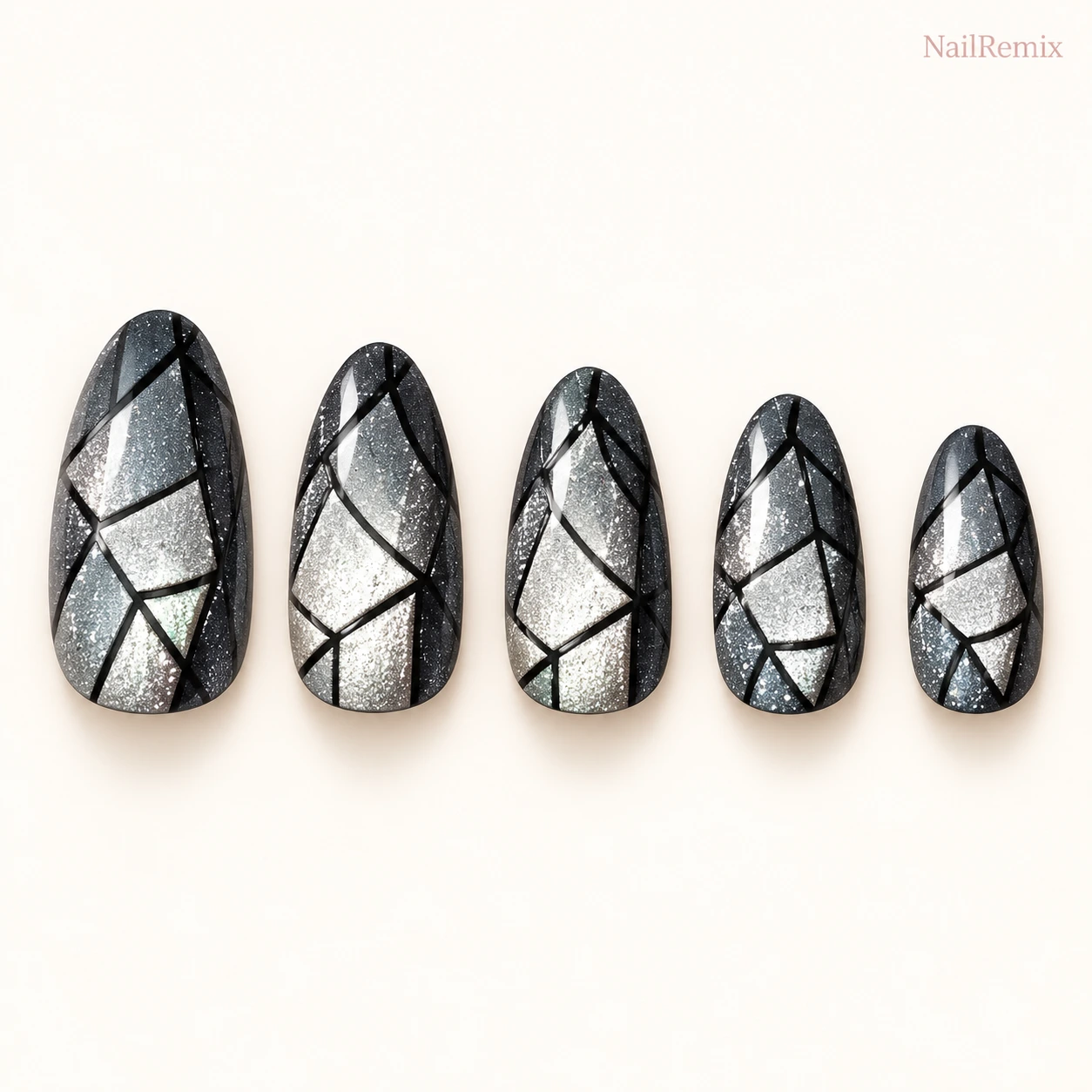 Black & white · Black · Silver nail art
